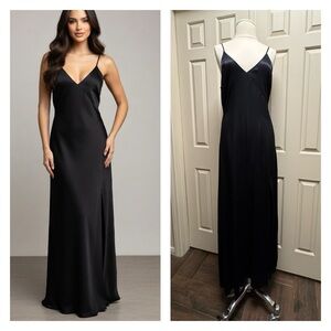 Leith Black Satin Bias Cut Slip Dress with Delicate Straps and Thigh Slit